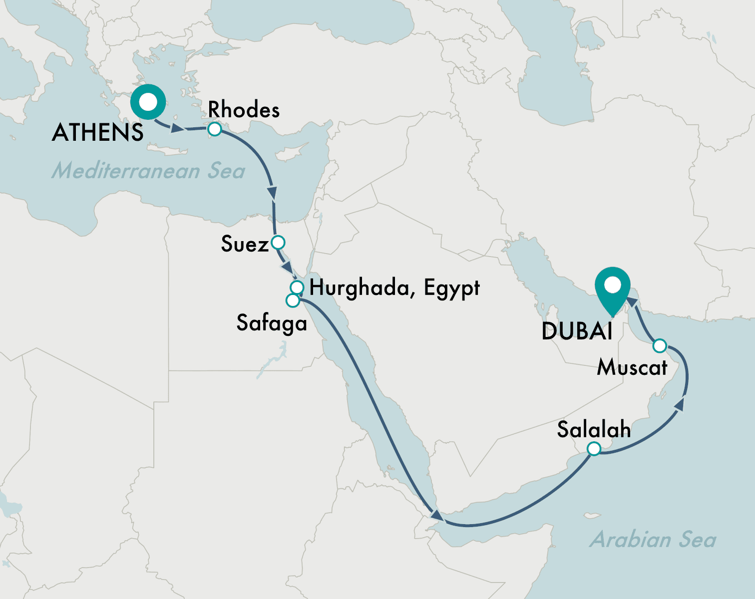 itinerary map of cruise Athens (Piraeus) to Dubai