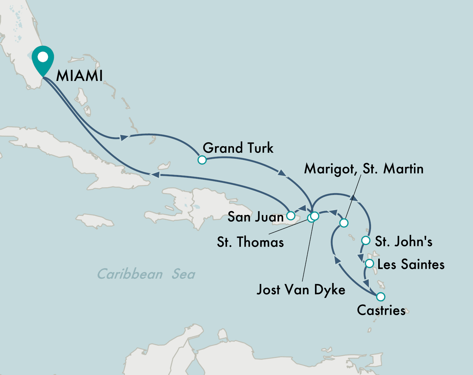 itinerary map of cruise Miami to Miami