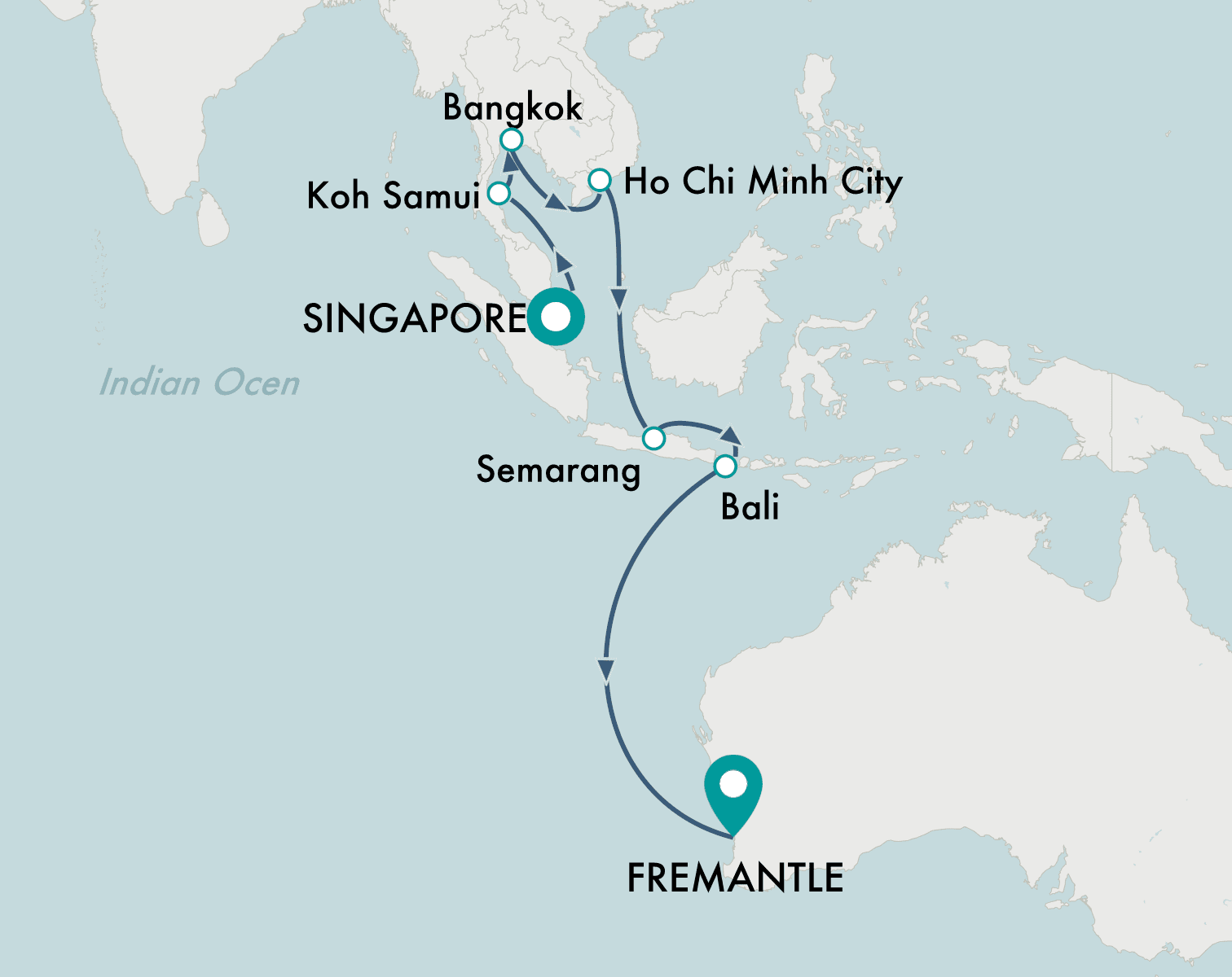 itinerary map of cruise Singapore to Perth (Fremantle)