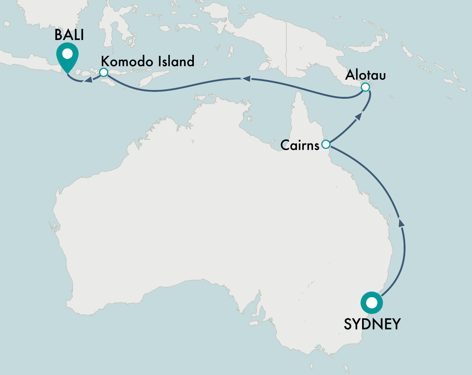 itinerary map of cruise Sydney to Bali 