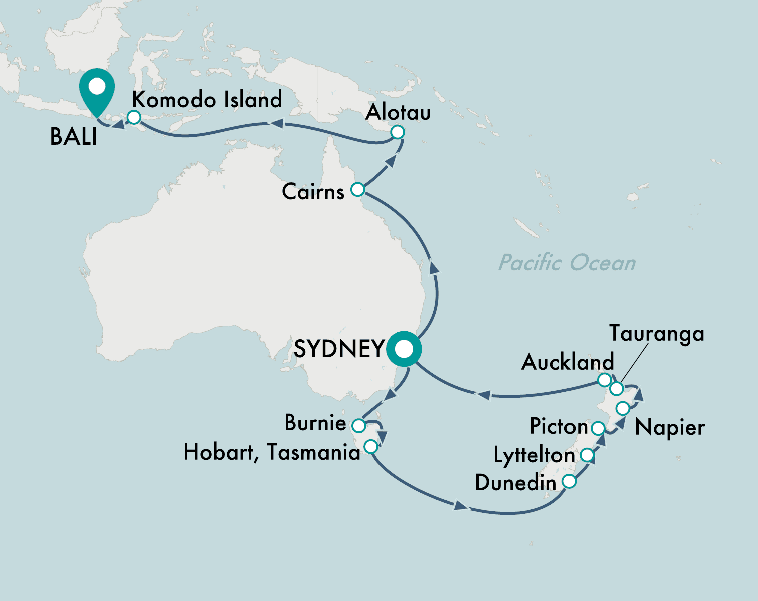 itinerary map of cruise Sydney to Bali 