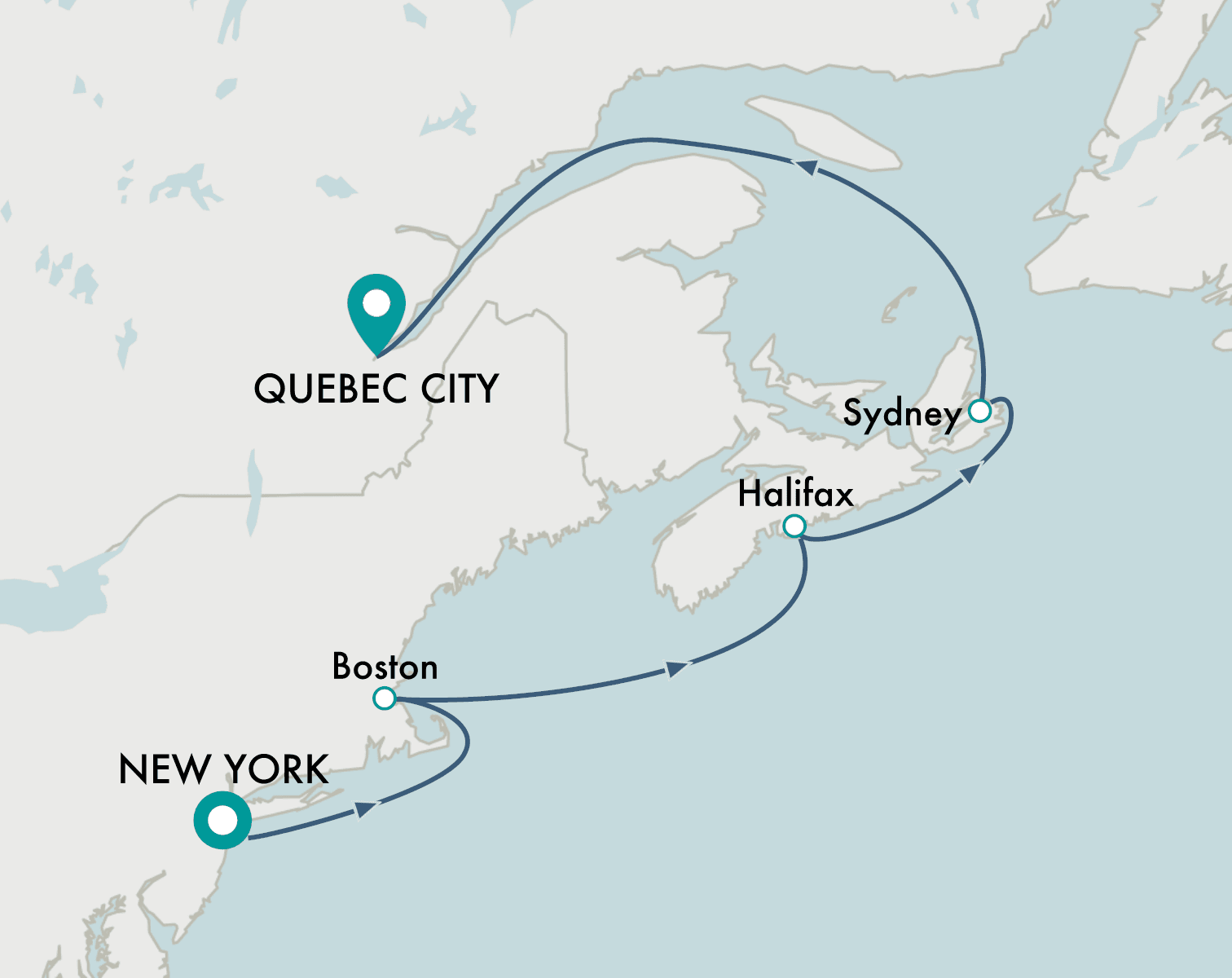 itinerary map of cruise New York (Manhattan) to Quebec City