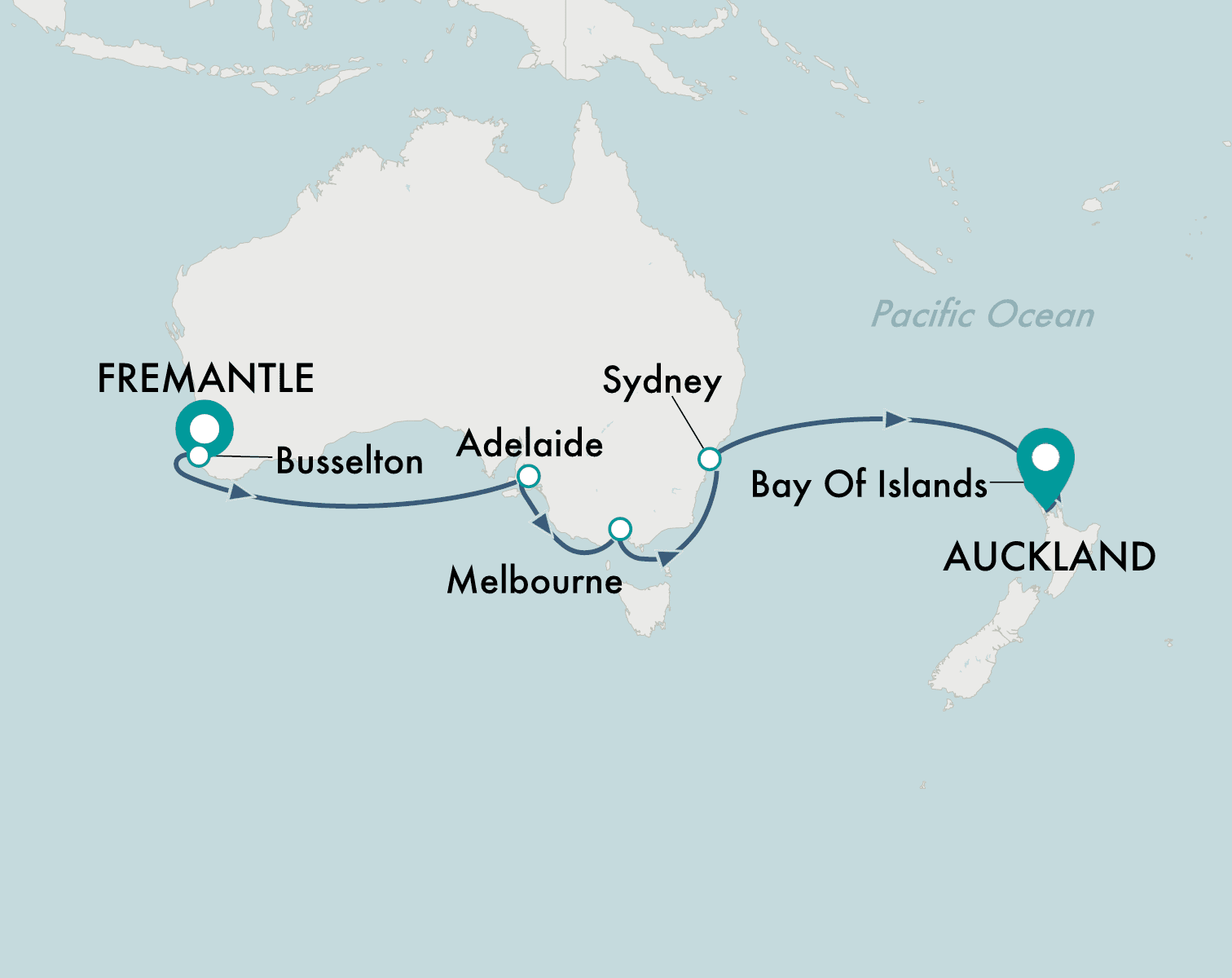 itinerary map of cruise Perth (Fremantle) to Auckland