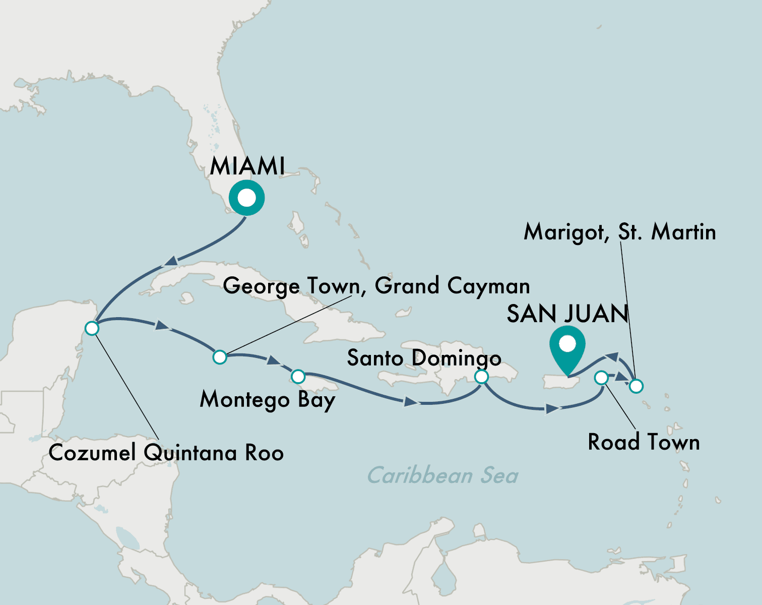 itinerary map of cruise Miami to San Juan