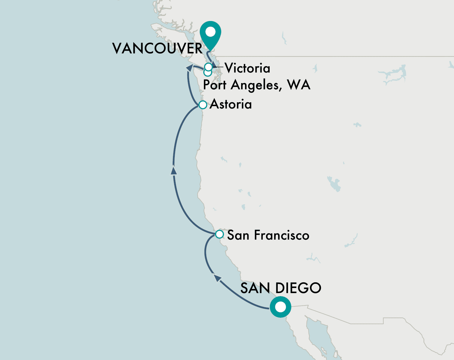 itinerary map of cruise San Diego to Vancouver